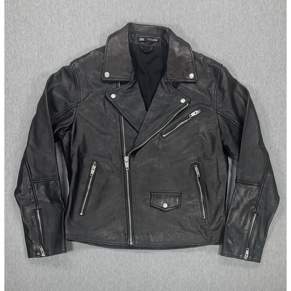 Zara Man 100% Leather Biker Motorcycle Black Riding Jacket - Men's Large
